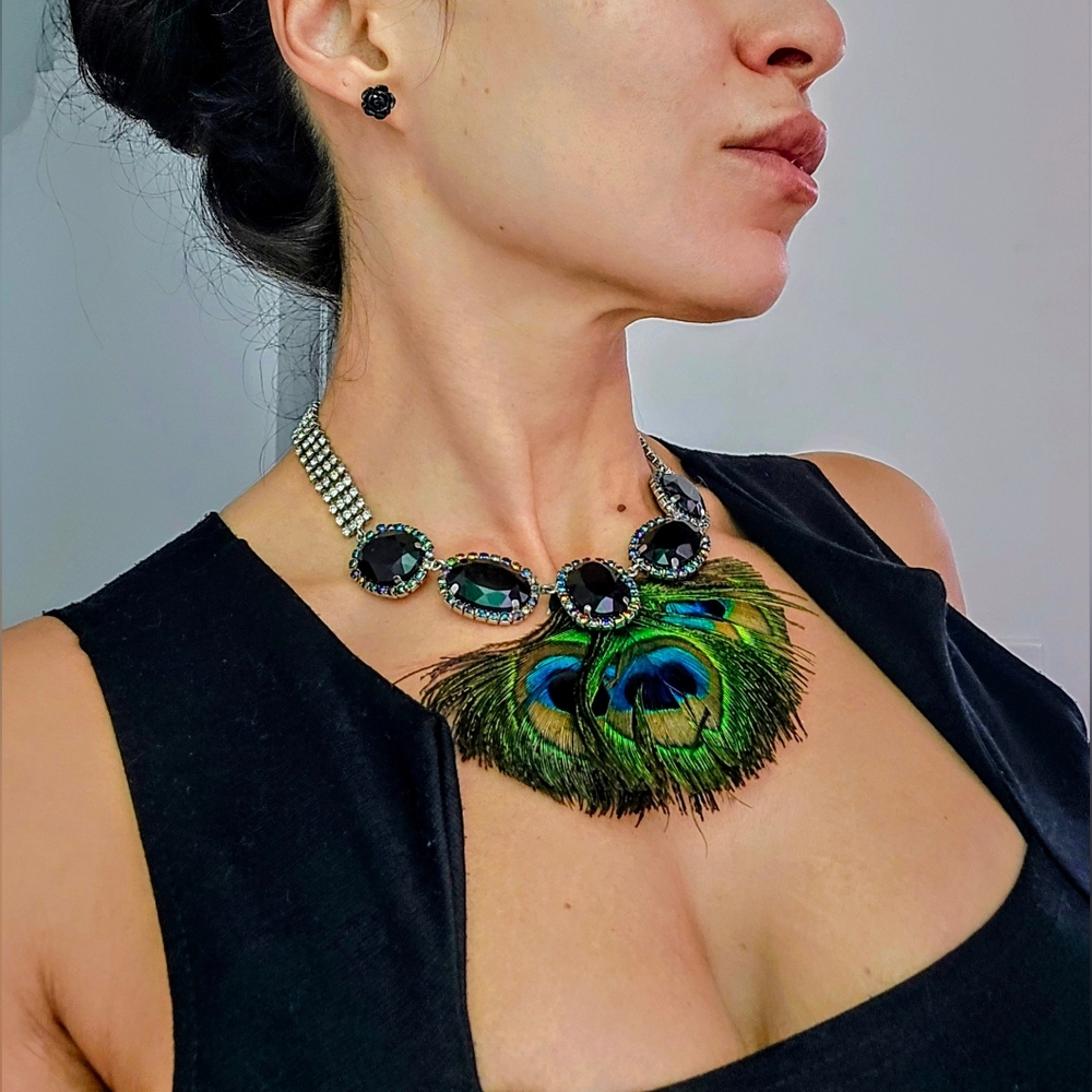 Vintage Jeweled Peacock Feather Choker Necklace